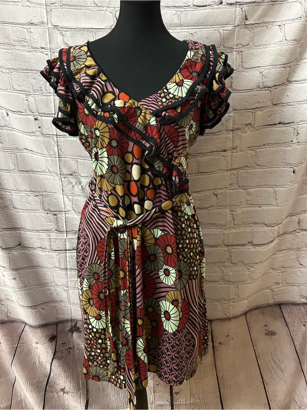 Eva Franco Multicolor Floral Ruffle V-Neck Dress
